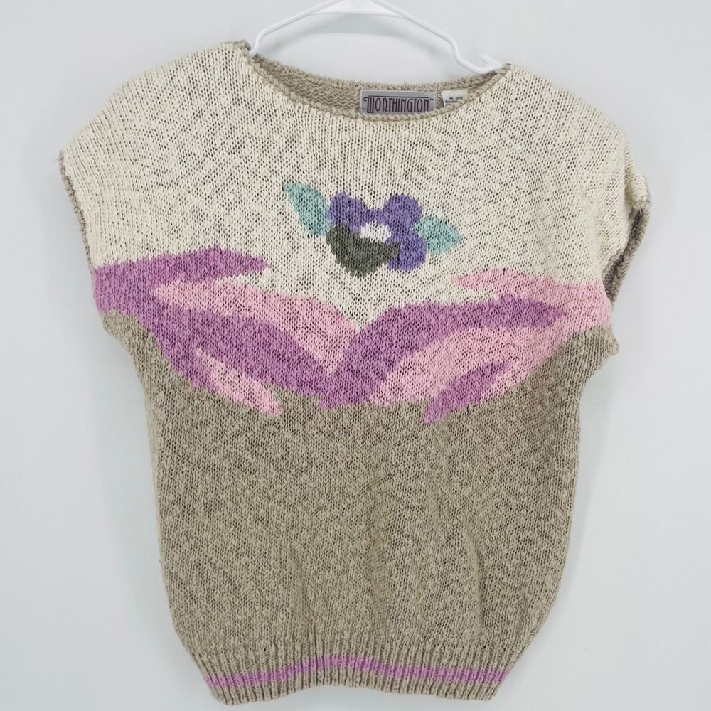 Vintage Worthington Knit Sweater Sleeveless Floral Patchwork Taupe Size L
